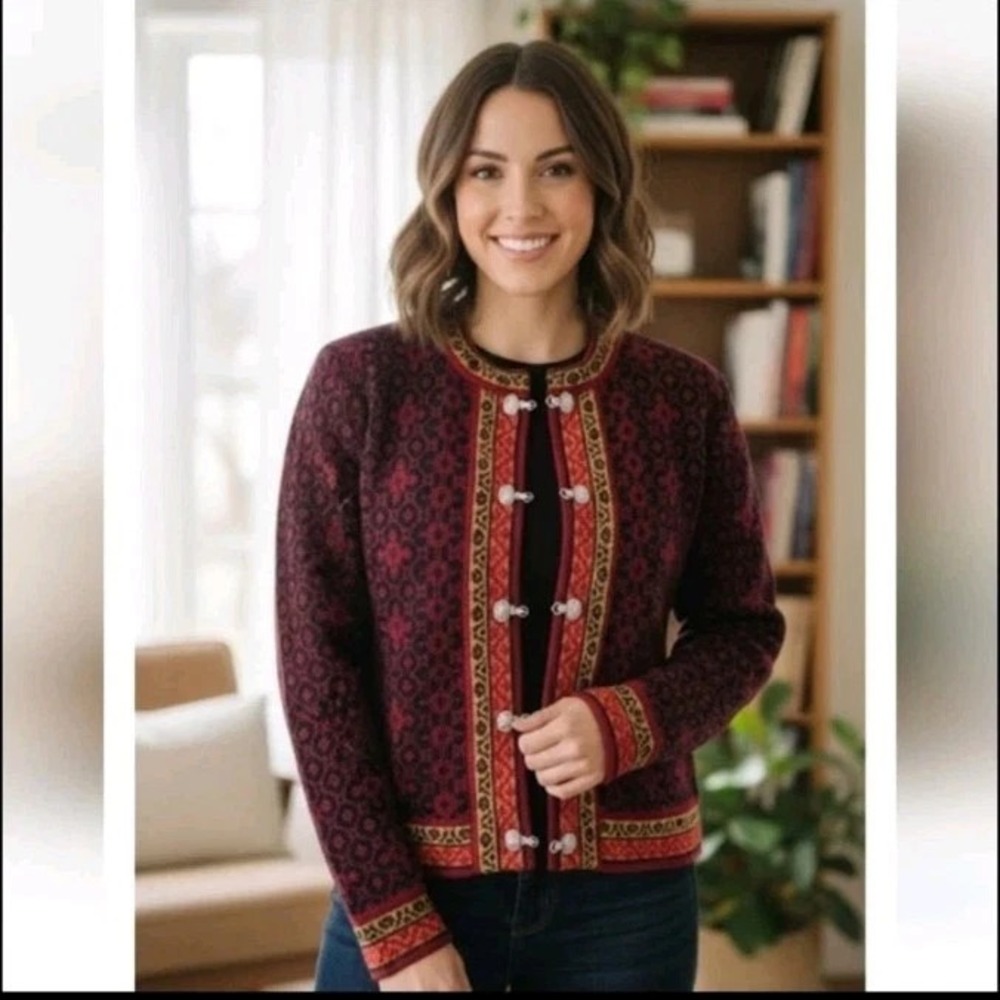 Skjaeveland Norwegian Wool Cardigan Sweater Boho Nordic Fair Isle Cottagecore XL